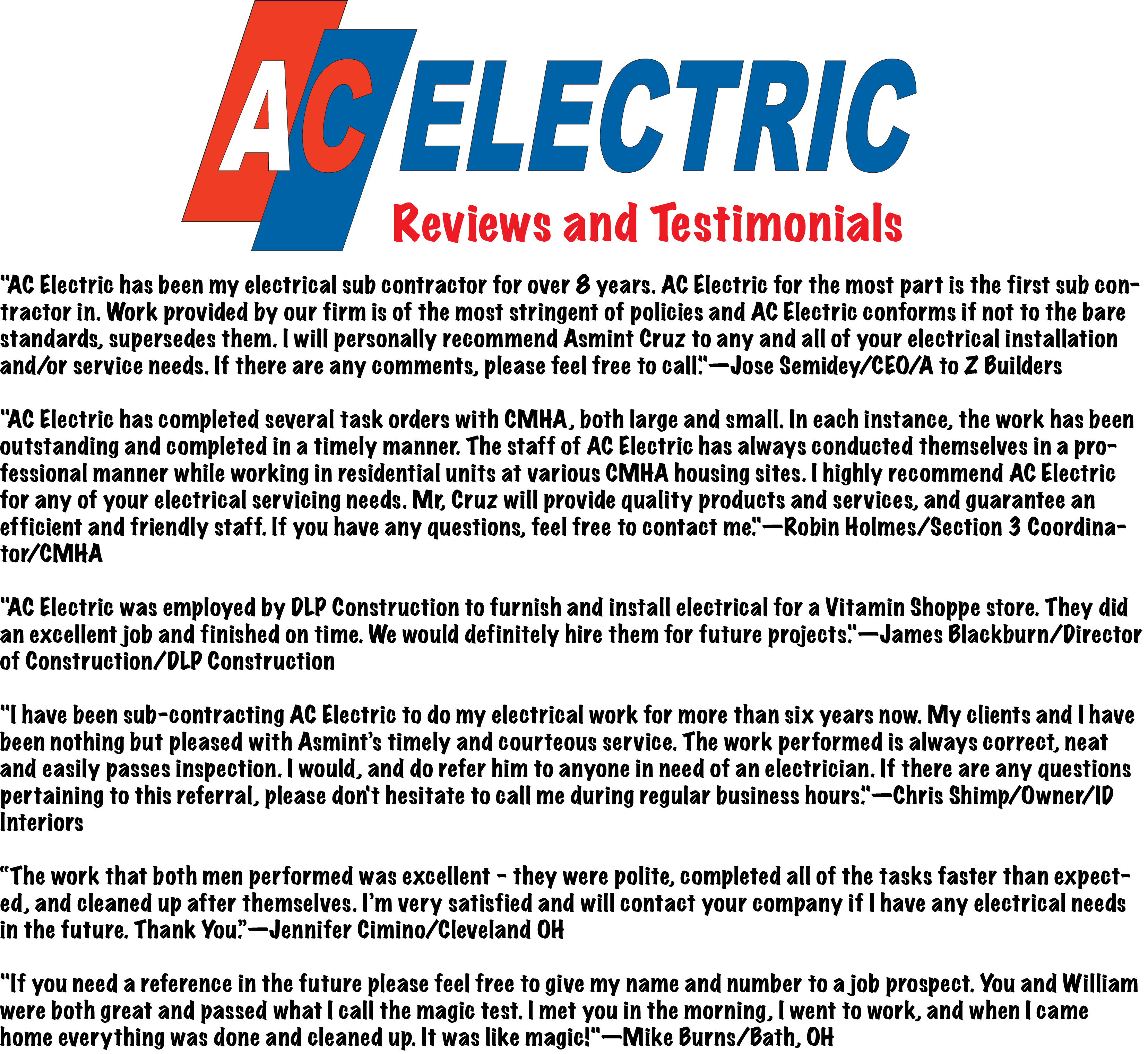 testimonials ac electric Testimonials for AC Electric Ohio