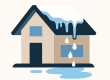 A modern, flat‑style illustration of a house with snow melting off the roof. Blue water droplets fall down the side of the home, forming puddles on the ground beneath it.