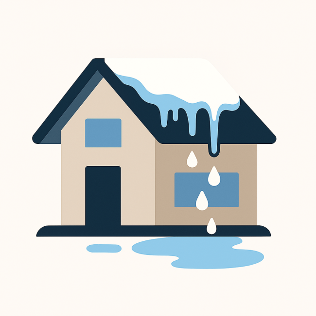 A modern, flat‑style illustration of a house with snow melting off the roof. Blue water droplets fall down the side of the home, forming puddles on the ground beneath it.