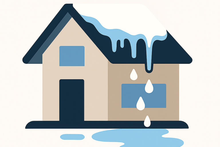 A modern, flat‑style illustration of a house with snow melting off the roof. Blue water droplets fall down the side of the home, forming puddles on the ground beneath it.