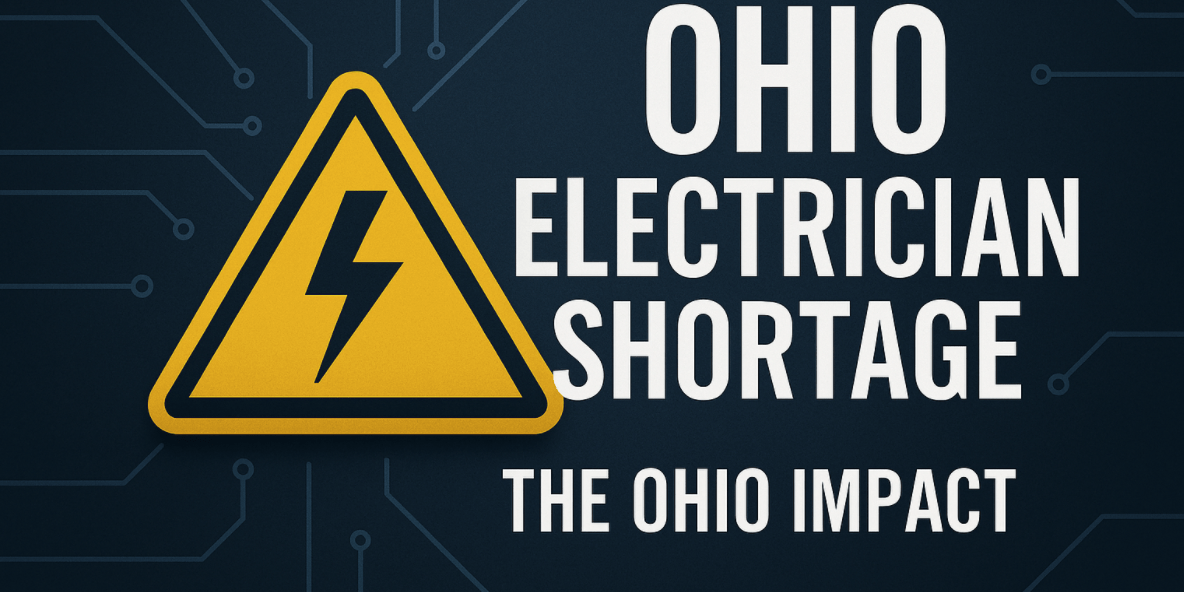 Graphic showing a yellow electrical hazard symbol alongside the text “Ohio Electrician Shortage – The Ohio Impact,” representing the statewide shortage of skilled electricians.