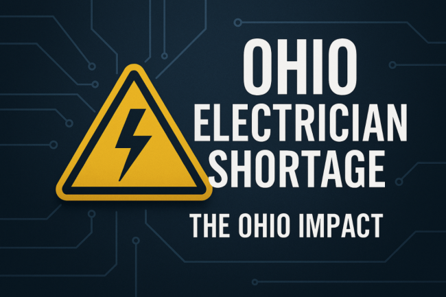 Graphic showing a yellow electrical hazard symbol alongside the text “Ohio Electrician Shortage – The Ohio Impact,” representing the statewide shortage of skilled electricians.